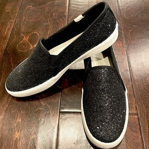 KATE SPADE x KEDS: Double Decker Black Glitter Slip-on Sneaker. Size 7.5.